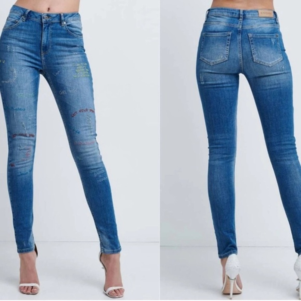 Supertrash Paradise Jina Blue Skinny High Waist Embroidered Jeans Size 27